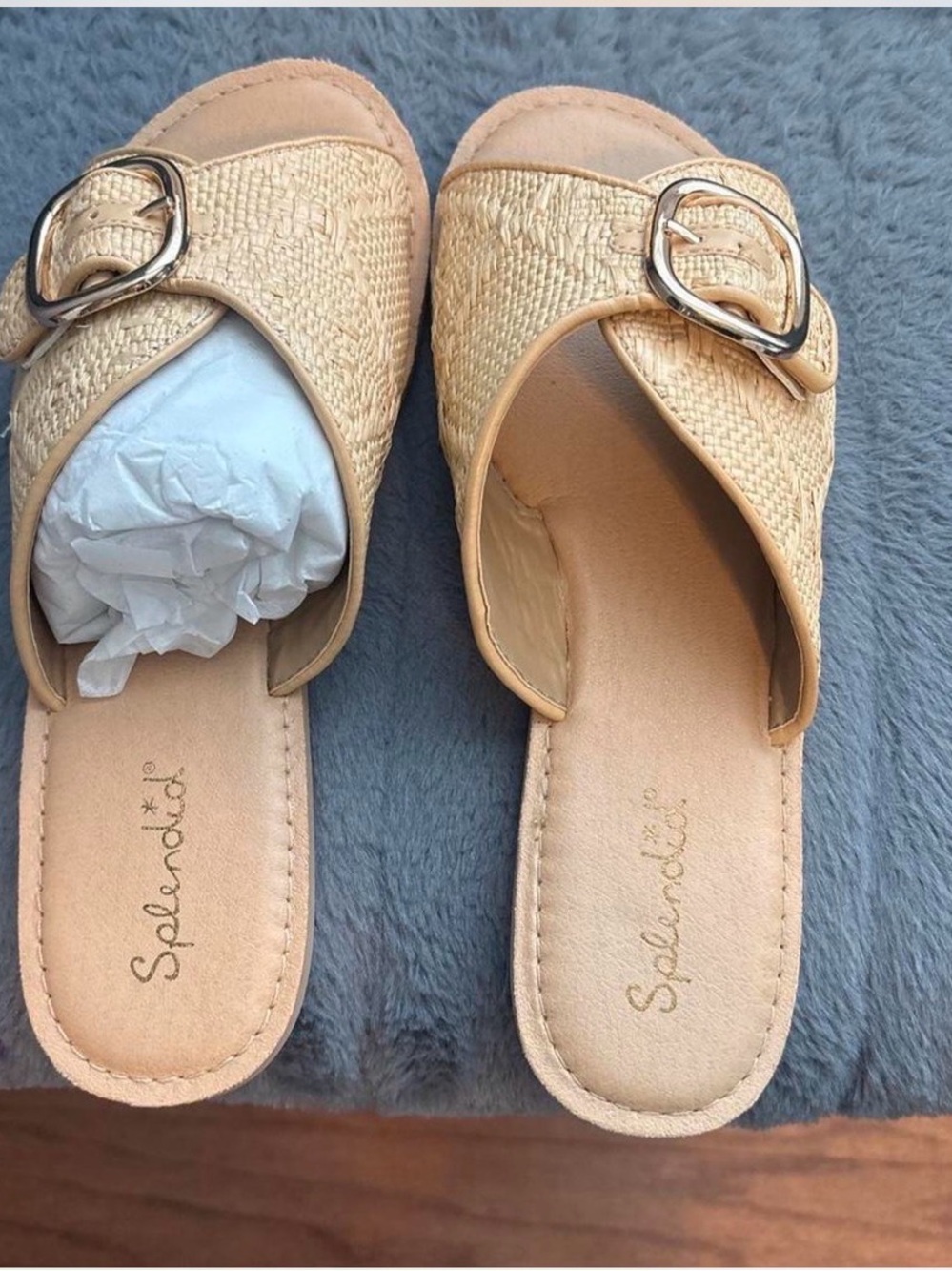 Splendid Tan Woven Slide Sandals with Buckle Accent
